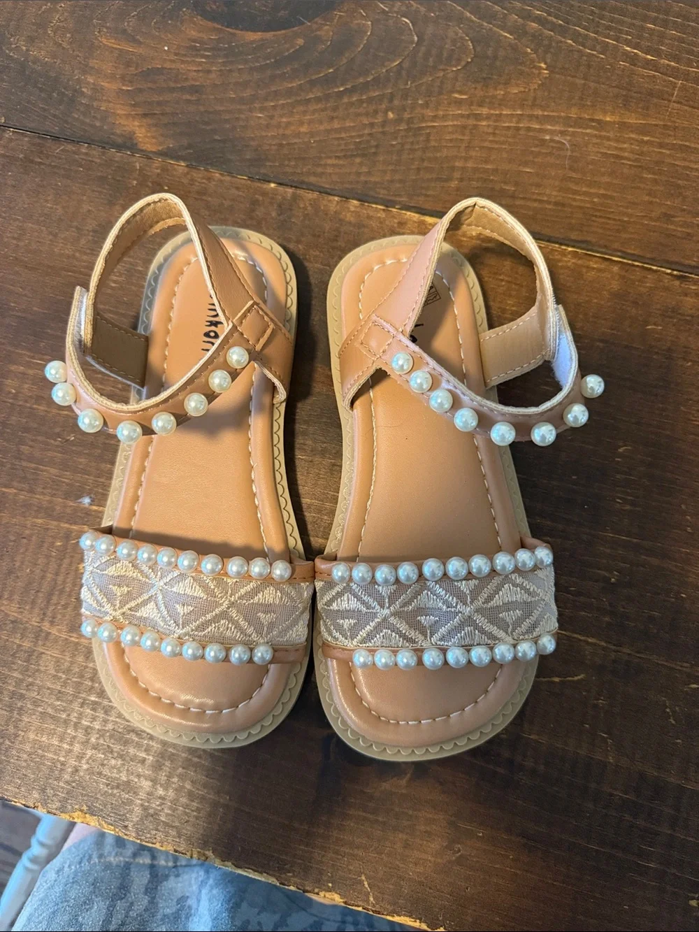 Girls' Pearl-Trim Tan Ankle-Strap Sandals